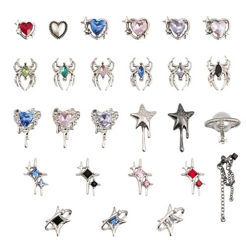 Nagel Kunst Charms, 26 Stück Mixed Styles Nagel Strasssteine, 3D Herz Stern Spinnen Nagel Edelsteine Dekorations for Mädchen Frauen DIY Nageldesign von Symphonyw