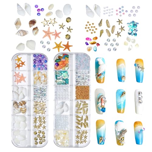 Nagel Perlen Strass, 2 Kisten Sommer Ozean Kristallperlen Nail Art Strasssteine, Gold Metall Nagelbolzen Shells Starfish Nagel Schmuck für Frauen Mädchen DIY Nagel Design Dekoration (Mix-A) von Symphonyw