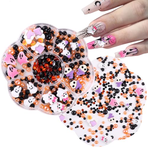 Nail Art Dekoration, 1 Box Kürbis Geist Nageldesign Zübehör Schwarz Orange Flatback Perlen Strasssteine, 3D Nägel Edelsteine Deko für Nail Art Design DIY Schmuckherstellung (B) von Symphonyw