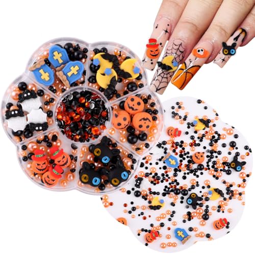 Nail Art Dekoration, 1 Box Kürbis Geist Nageldesign Zübehör Schwarz Orange Flatback Perlen Strasssteine, 3D Nägel Edelsteine Deko für Nail Art Design DIY Schmuckherstellung (D) von Symphonyw