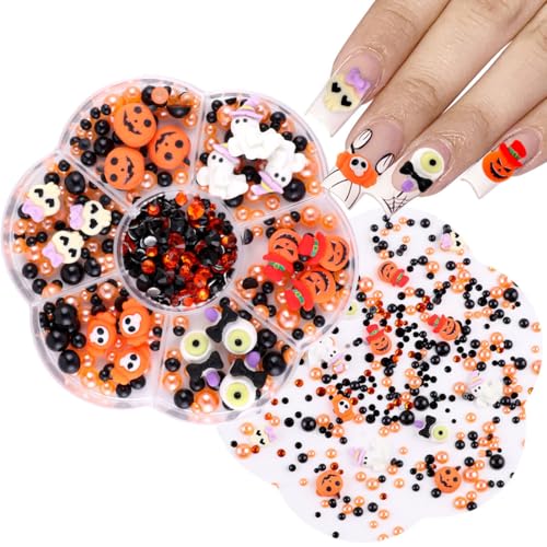 Nail Art Dekoration, 1 Box Kürbis Geist Nageldesign Zübehör Schwarz Orange Flatback Perlen Strasssteine, 3D Nägel Edelsteine Deko für Nail Art Design DIY Schmuckherstellung (E) von Symphonyw