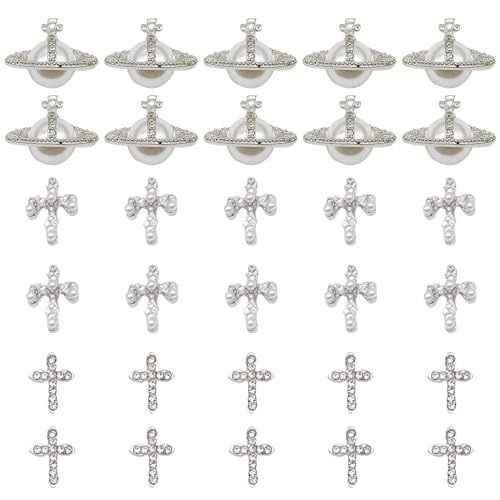 Planet Nail Art Charms, 30 Stück Legierung Kreuz Nagel Dekorations, 3D Nagelschmuck Acryl Nagel Zubehör für Frauen Mädchen Nagel Dekoration (Silber) von Symphonyw