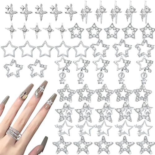 Silber Stern Nagel Charms, 55 Stück Legierung Stern Nagel Schmuck, 3D Metall Nägel Glitzersteine Nagel Kunst Strasssteine for Damen DIY Nail Dekor Nageldesign Zubehör (55 Stück Silber) von Symphonyw