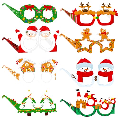 Symphonyw Weihnachtsbrillen, 8 Stück Glitzer Papier Weihnachten Partybrillen, Nette Weihnachtsbaum Brillenrahmen Brillengestell Geweih Lustige Brille für Partydekoration (B) von Symphonyw