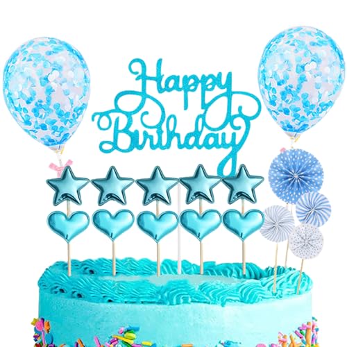 Tortendeko Geburstagstorte Set, Happy Birthday Kuchendeko, Glitter Cake Topper mit Sternen Konfetti-Luftballons und Papierfächer (Blau-A) von Symphonyw