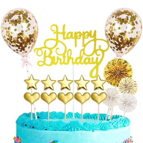 Tortendeko Geburstagstorte Set, Happy Birthday Kuchendeko, Glitter Cake Topper mit Sternen Konfetti-Luftballons und Papierfächer (Gold-A) von Symphonyw