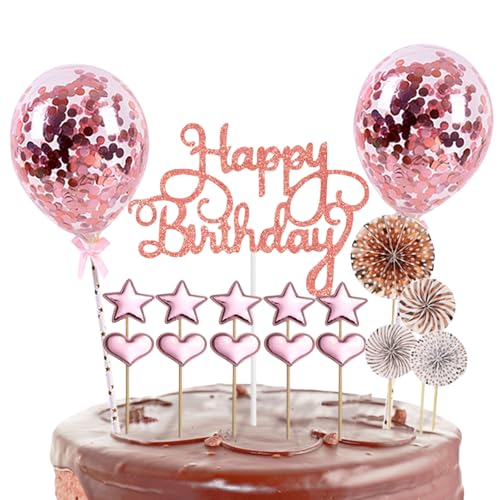 Tortendeko Geburstagstorte Set, Happy Birthday Kuchendeko, Glitter Cake Topper mit Sternen Konfetti-Luftballons und Papierfächer (Roségold A) von Symphonyw