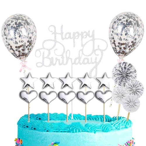 Tortendeko Geburstagstorte Set, Happy Birthday Kuchendeko, Glitter Cake Topper mit Sternen Konfetti-Luftballons und Papierfächer (Silber-A) von Symphonyw