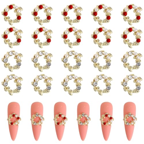 Weihnachten Nail Charms, 20 STK Kranz Nagelanhänger Gold Silber Nagel Steinechen mit Diamant Perlen-Design, 3D Weihnachts Nägel Schmuck für DIY Maniküre Nagelkunst Dekorations (2 Farben) von Symphonyw