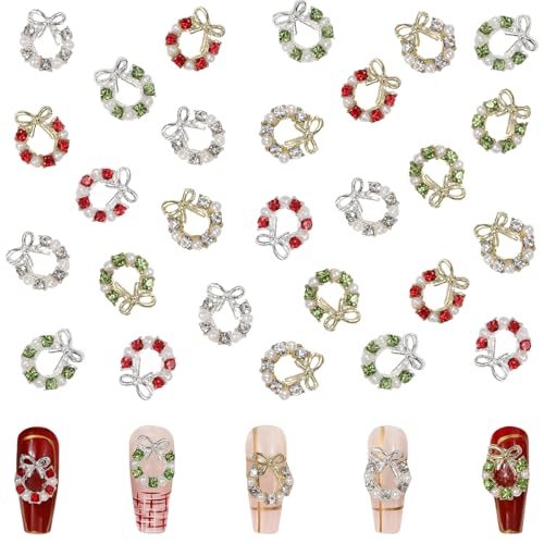 Weihnachten Nail Charms, 30 STK Kranz Nagelanhänger Gold Silber Nagel Steinechen mit Diamant Perlen-Design, 3D Weihnachts Nägel Schmuck für DIY Maniküre Nagelkunst Dekorations (6 Farben) von Symphonyw