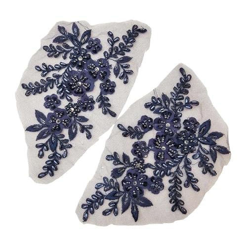 Spitze Kragen Applikation 2PCS 21 * 22CM 3D Beaded Flower Gown Appliques Sewing Patch Lace Sequin Embroidery Applique Sew On Patches for Dresses FüR NäHen DIY(Dark blue) von SynapSYA