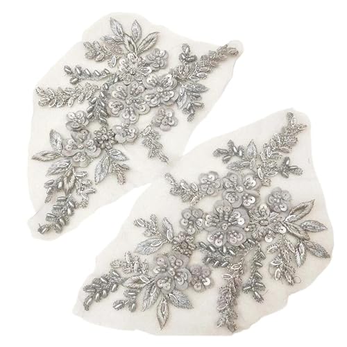 Spitze Kragen Applikation 2PCS 21 * 22CM 3D Beaded Flower Gown Appliques Sewing Patch Lace Sequin Embroidery Applique Sew On Patches for Dresses FüR NäHen DIY(Grey) von SynapSYA