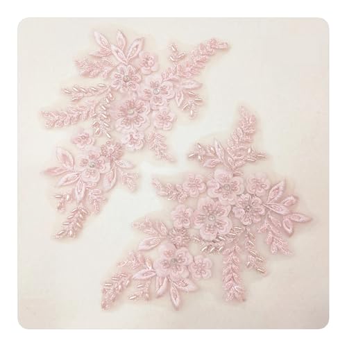 Spitze Kragen Applikation 2PCS 21 * 22CM 3D Beaded Flower Gown Appliques Sewing Patch Lace Sequin Embroidery Applique Sew On Patches for Dresses FüR NäHen DIY(Pink) von SynapSYA