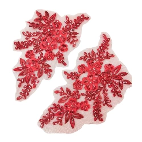 Spitze Kragen Applikation 2PCS 21 * 22CM 3D Beaded Flower Gown Appliques Sewing Patch Lace Sequin Embroidery Applique Sew On Patches for Dresses FüR NäHen DIY(Red) von SynapSYA