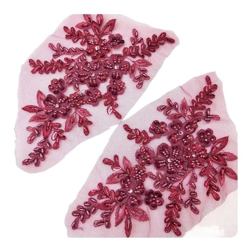 Spitze Kragen Applikation 2PCS 21 * 22CM 3D Beaded Flower Gown Appliques Sewing Patch Lace Sequin Embroidery Applique Sew On Patches for Dresses FüR NäHen DIY(Red1) von SynapSYA