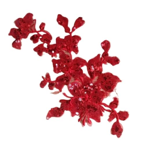 Spitze Kragen Applikation 3Pc Sequin Flower Floral Glitter Lace Applique Sewing Trims Patch Wedding Decoration DIY Craft 30X15cm FüR NäHen DIY(Red) von SynapSYA