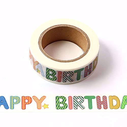 Dekoratives Washi-Klebeband mit Aufschrift "Happy Birthday", 15 mm breit x 10 m, Weiß von Syntego