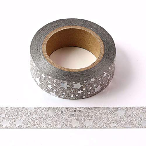 Syntego Washi-Klebeband, silberfarben, glitzernd, Sterne, selbstklebend, 15 mm x 10 m von Syntego