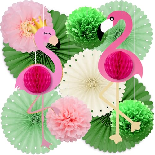 Syoulin-flamingo deko sommerparty ,hawaii deko party,flamingo deko geburtstag,pool party,papierfächer party deko grün,Flamingo-Thema Partydekorationen-11 Stück von Syoulin