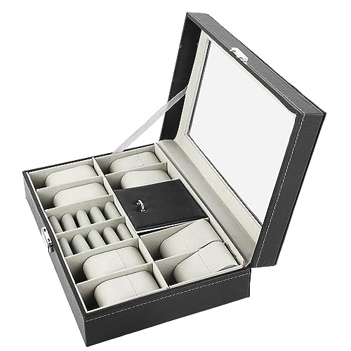 Syrisora Uhren-Schmuckschatulle, 8 Fächer, Uhrenbox, 2 Fächer, Ringe, abschließbar, PU-Leder, Aufbewahrungsbox mit Glasdeckel von Syrisora