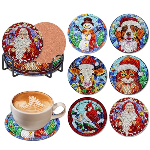 Syunyin Diamond Painting Untersetzer Weihnachten mit Halter, 6 Stück DIY Diamond Painting Weihnachten Erwachsene Kaffee Diamant Tassenuntersetzer Kits für Erwachsene, 5D Basteln Getränke Untersetzer von Syunyin