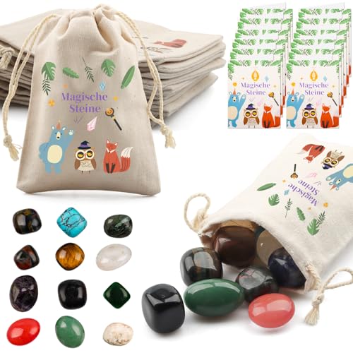 12 Set Glückssteine für Kinder mit Edelsteine Jutesäckchen und Waldtiere Kärtchen, Kindergeburtstag Mitgebsel, Give Away für Taufe Kommunion Hochzeit oder Wichtelgeschenk, Glücksbringer Kinder (A) von Szhhrxi