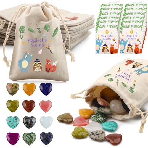 12 Set Glückssteine für Kinder mit Edelsteine Jutesäckchen und Waldtiere Kärtchen, Kindergeburtstag Mitgebsel, Give Away für Taufe Kommunion Hochzeit oder Wichtelgeschenk, Glücksbringer Kinder (B) von Szhhrxi