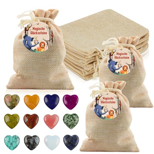 12 Stück Herz Aus Stein, Kinder Glückssteine mit 12 Stück 10*14CM Jutesäckchen, Glücksbringer Steine Magische Steine mit 12 Grußkarten, Glücksbringer Kinder für Party Souvenirs Gastgeschenke (XYSDW) von Szhhrxi