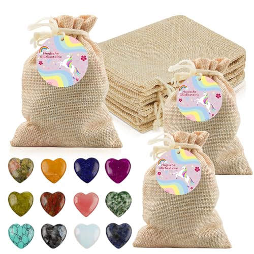 12 Stück Herz Aus Stein, Kinder Glückssteine mit 12 Stück 10*14CM Jutesäckchen, Glücksbringer Steine Magische Steine mit 12 Grußkarten, Glücksbringer Kinder für Party Souvenirs Gastgeschenke (XYSDJS) von Szhhrxi