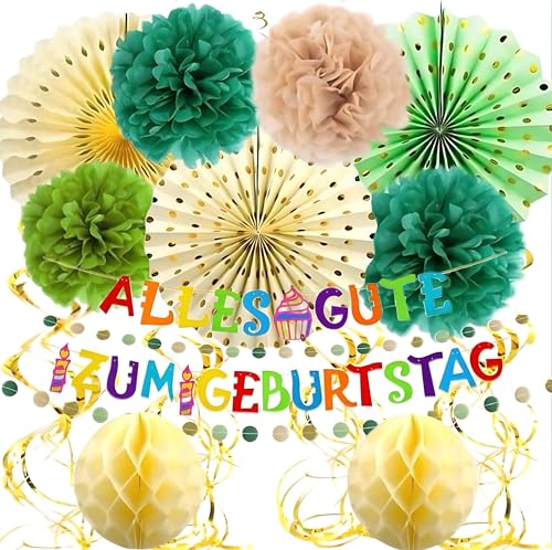 Geburtstagsdeko, Premium Wiederverwendbare Party Deko, Happy Birthday Girlande, Geburtstag Deko, Geburtstagsdeko Frauen, Wimpelkette Geburtstag, Wabenbälle, Pompons Deko, Sage Grün Deko (B) von Szhhrxi