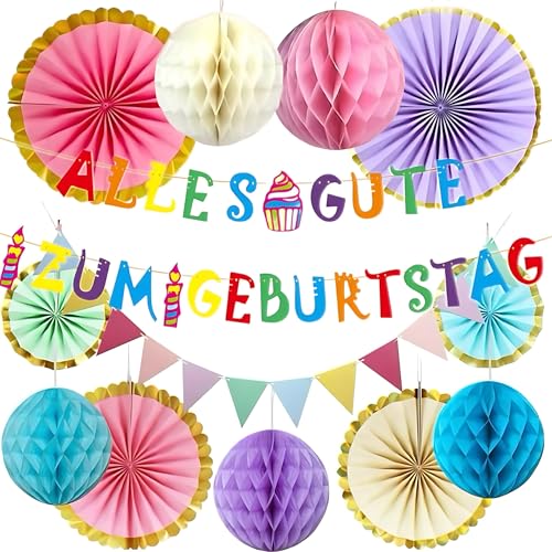 Geburtstagsdeko, Premium Wiederverwendbare Party Deko, Happy Birthday Girlande, Wimpelkette Geburtstag, Wabenbälle, Pompons Deko, Regenbogen Deko, Geburtstag Deko Frauen Mann Kindergeburtstag Zubehör von Szhhrxi