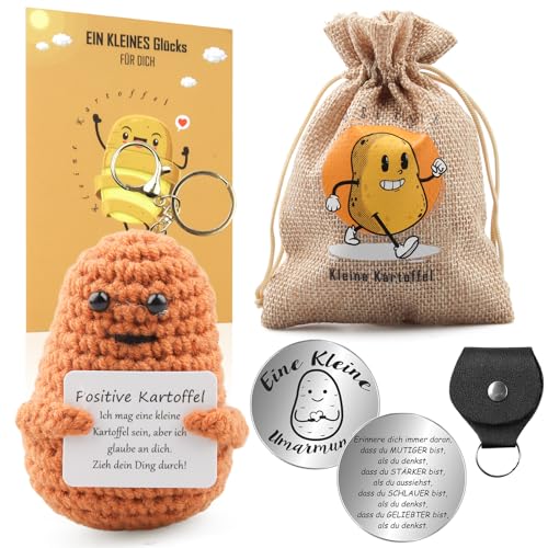 Glücksbringer Geschenke für Frauen, Positive Kartoffel Deutsch mit Schlüsselanhänger,Pocket Hug Kreative Strickwolle Puppe mit Umarmung Glücksbringer,Einschulung Geschenk,Schulkind Geschenk,Abschi (A) von Szhhrxi