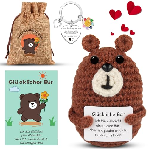 Positive Glücklicher Bär mit Schlüsselanhänger, Mutmacher Geschenke für Frauen,Pocket Hug Kreative Strickwolle Bär Puppe mit Umarmung Glücksbringer,Einschulung Geschenk,Schulkind Geschenk,Abschi (C) von Szhhrxi