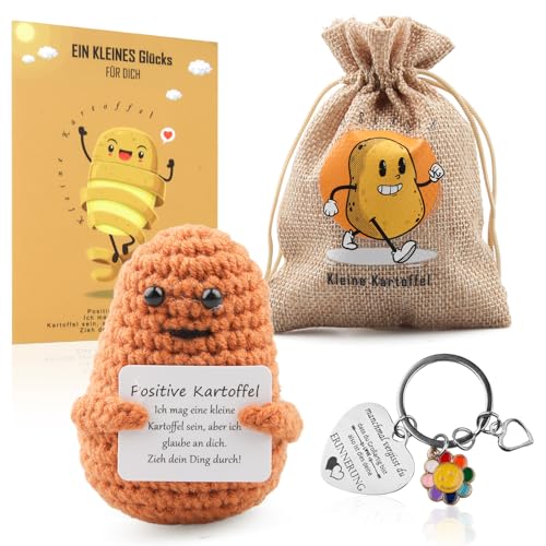 Positive Kartoffel Deutsch mit Schlüsselanhänger, Glücksbringer Geschenke für Frauen,Pocket Hug Kreative Strickwolle Puppe mit Umarmung Glücksbringer,Einschulung Geschenk,Schulkind Geschenk,Abschi (B) von Szhhrxi