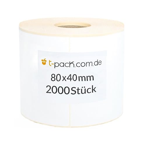 Thermotransfer-Etiketten Thermoetiketten Rollenetiketten Universal Etiketten für Büro Küche Vorratsboxen Adressetiketten Barcode selbstklebend (1 Rolle) Rollenkern 25mm 80x40mm x 2000Stck. von T-Pack