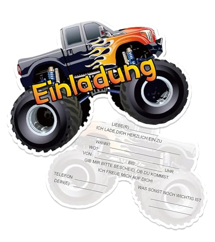 T TAKONE 12 Monstertruck Einladungskarten für Kindergeburtstag, Geburtstag Einladungskarten mit coolem Monstertruck-Motiv, für Jungen und Mädchen Auto-Party Kindergeburtstag Einladungskarten von T TAKONE