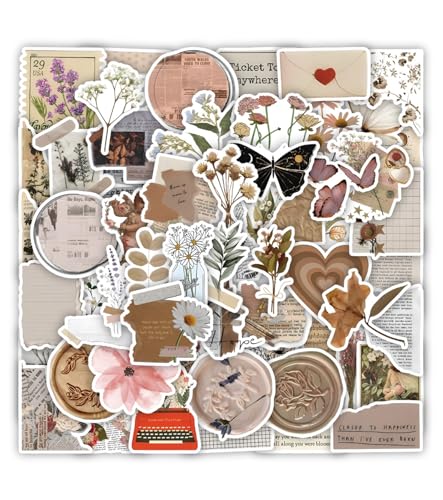 T TAKONE Aesthetic Vintage Bookish Sticker Set 60 Stück, Wasserfeste Ästhetische Sticker für Kindle und Laptop, Buchaufkleber, Ideal für Buchliebhaber, Teenager und Scrapbook-Sticker (Braun-C) von T TAKONE