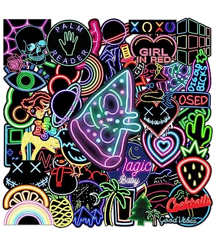 TAKONE Neon Sticker, 50 Stücke Vinyl Coole Stickers, Wasserfeste und Wiederverwendbare Neon Aufkleber für Helm, Moped, MTB, Fahrrad, Skateboard, Koffer und Laptop von T TAKONE