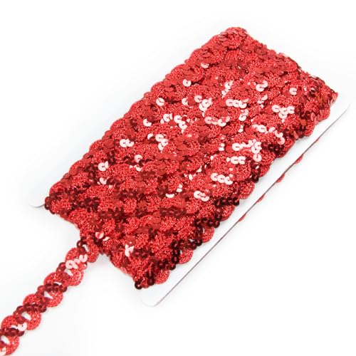 Rotes Paillettenband, 22 m, 2 Rollen, Pailletten-Bordüre, 2,3 cm flacher Paillettenstreifen, farbiger Stoff, Paillettenbesatz für Hochzeitskleid, Verzierungen, Stirnband, Fransen von TACOLO