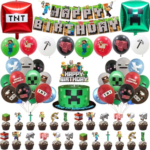 Geburtstagsdeko Minecraft Junge Mädchen,Geburtstag Deko für Minecraft Party Dekoration Set Enthält Happy Birthday Banner Luftballons Tortendeko Kuchen Deko von TACUKBN