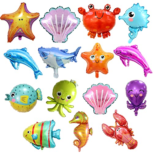 15 Stück Meerestier-Luftballons, TACYKIBD Unterwasser-Party-Dekorationen, Baby-Hai-Luftballons und Fisch-Luftballons für Kindergeburtstags-Dekorationen, Baby-Party-Dusche-Zubehör von TACYKIBD