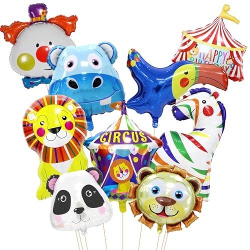 9Pcs Zirkusparty Dekorationen, TACYKIBD Karneval Ballons Spiele, Aluminiumfolie Tiere Ballons Löwe Zebras Panda Ballons Geburtstagsfeier Lieferungen von TACYKIBD