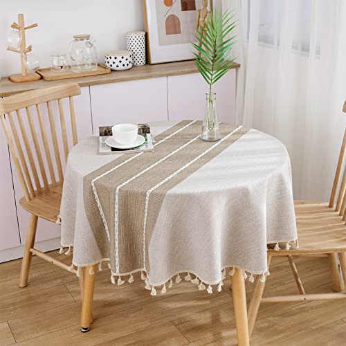 TACYKIBD Runde Tischdecke, Baumwolle Leinen Stickerei Tischdecke mit Quasten, waschbare Tischläufer, staubdichte Tischdecke für Küche Dinning Picknick Bauernhaus Tischdecke Dekoration (140cm, Beige) von TACYKIBD