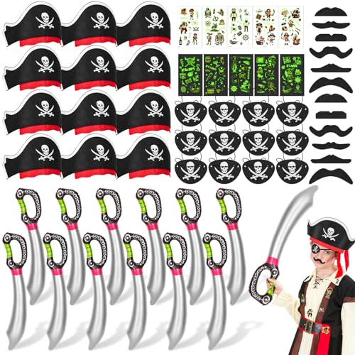 58 STK. Piraten Party Mitgebsel Kindergeburtstag Piratenhut Aufblasbares Piraten Spielzeug Piraten Augenklappe Temporäre Tattoos Bärte Piraten Party Geschenke Give Aways Kindergeburtstag für Jungen von TADIBU