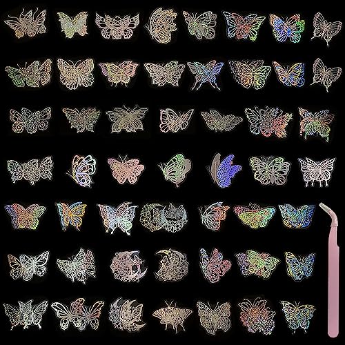 100 Stück glitzernde Schmetterlingsaufkleber mit 1 rosa Ellenbogenpinzette, holografische wasserfeste Aufkleber, transparente dekorative Aufkleber aus PET-Harz für Umschläge, Sammelalben, Tagebücher von TAFACE