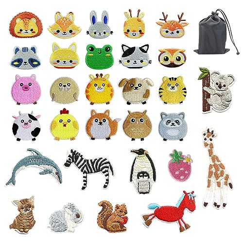 30 Stück Tierstickerei, 1 schwarze Aufbewahrungstasche, Cartoon-Patch-Patches, Tier-Nähflicken, geeignet für Mäntel, Hosen, Röcke, Rucksäcke von TAFACE