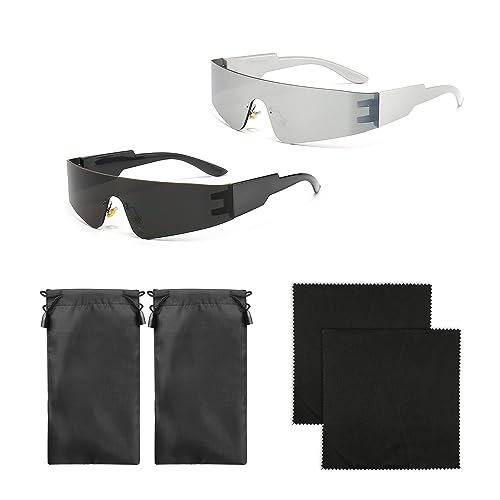 TAFACE 2 futuristische Sonnenbrille, mit 2 Brillentasche und 2 Brillentuch, Punk Style Technology Sonnenbrille, Millennial Style-reflektierende Brille, rahmenlose Partybrille (silber, schwarz) von TAFACE