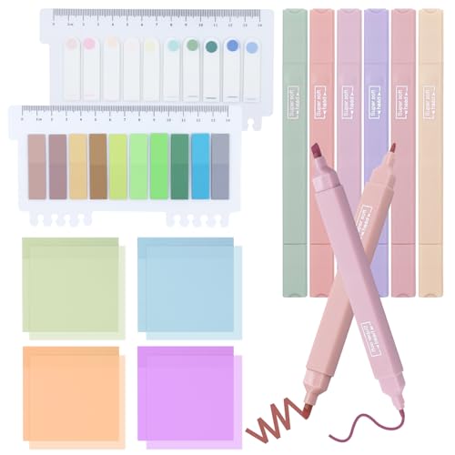 TAIHOBO 600 Stück Haftnotizen Klebezettel, Transparent Sticky Notes Aesthetic, mit 6 Dual Tips Textmarker, Notizzettel Aesthetic School Stuff, Marker Stifte Aesthetic für Bürobedarf Schulsachen von TAIHOBO