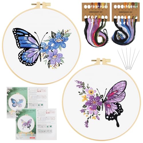 TAIHOBO Embroidery Kit, Schmetterling Stickset für Anfänger, 2 Stück Stick Set mit Stickrahmen Stickgarn Nähnadel Anleitung, Blumen Handstickerei Sticken für Anfänger, DIY Sticken Set Erwachsene von TAIHOBO