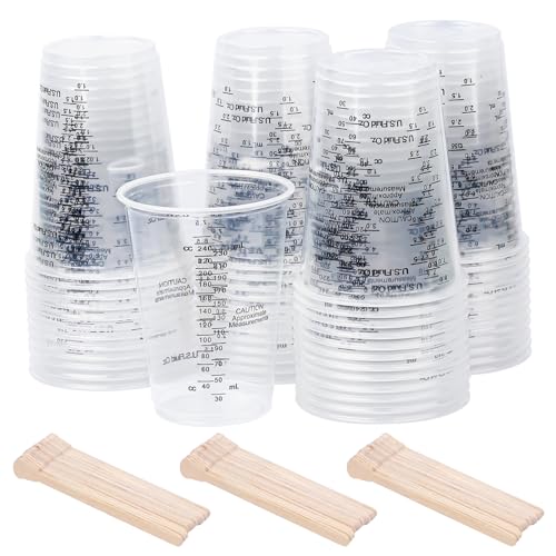 TAIHOBO Messbecher Klein 240ml, 50 Stück Kunststoff Epoxidharz Zubehör Mischbecher mit Skala, Transparent Messbecher Set, Mixbecher mit 50 Holzstäbchen für Mischen von Harz Flüssigkeiten von TAIHOBO